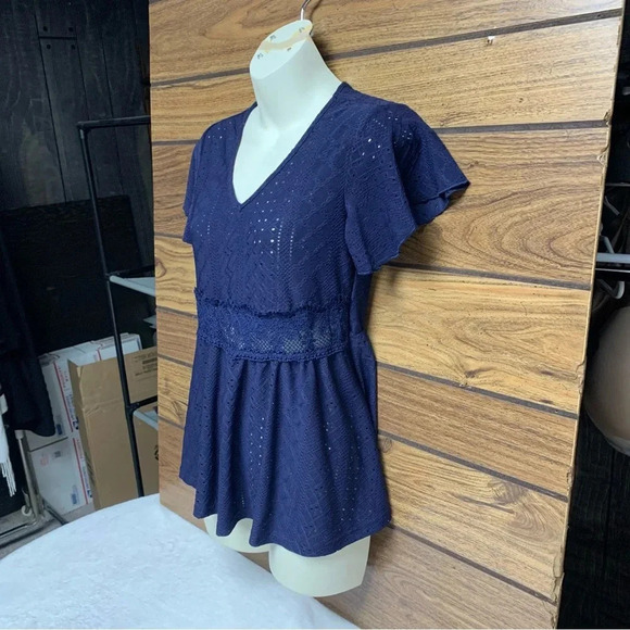 SHEIN blue blouse size small ruched waist and cute cutouts semi sheer - Picture 4 of 6